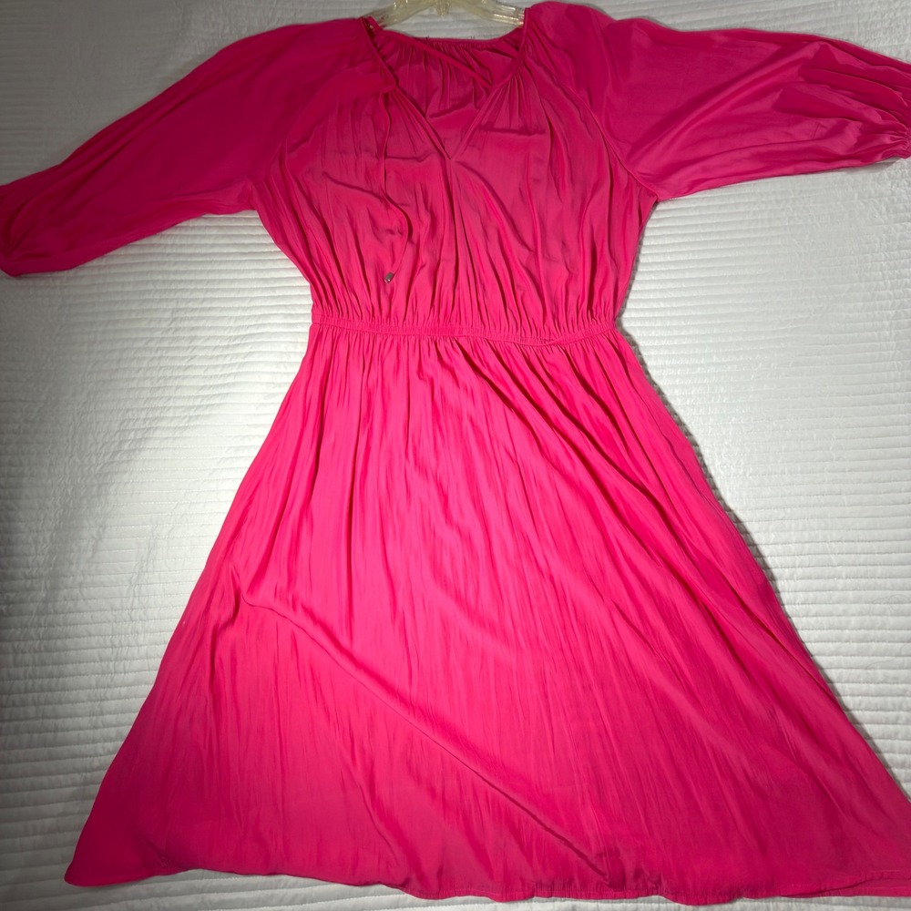 Laurel Midi Dress Womens 10 Pink Good V-Neck Elastic Waist Balloon Sleeve